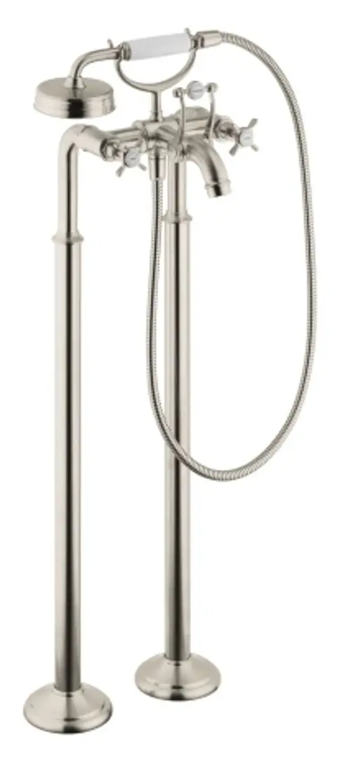 Bodenstehende Wannenarmatur mit Kreuzgriffen aus gebürstetem Nickel. Funktionalität und Design von AXOR für Badezimmeranwendungen.